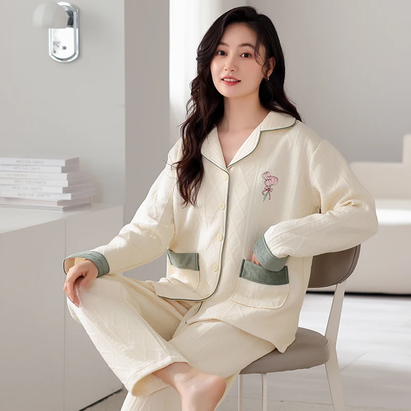 Big Size M-4XL Winter Thick Warm Women Pajamas Set Female Air Clip Cotton Sleepwear