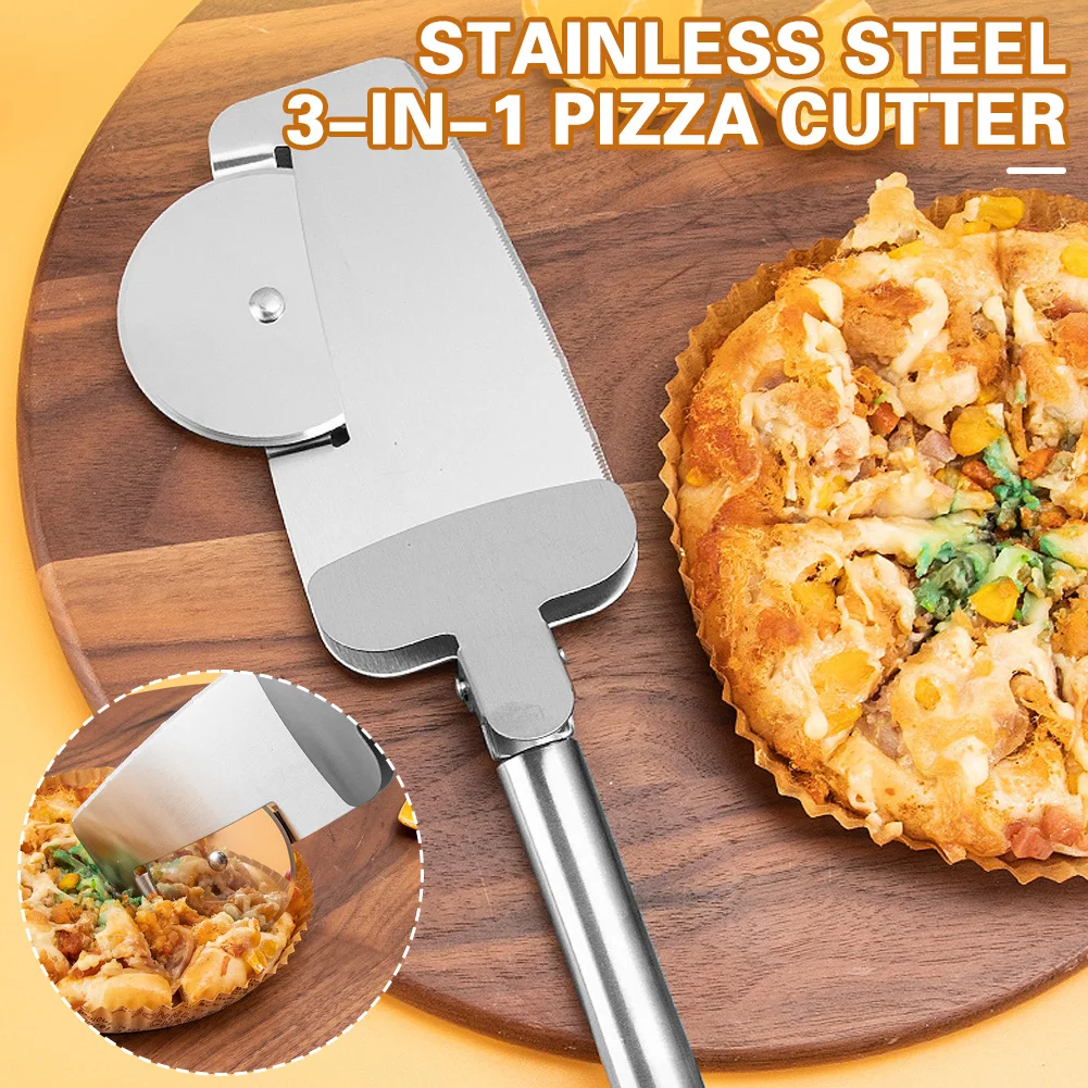 3-in-1 Stainless Steel Pizza Cutter Labor-Saving Durable 360° Rotating Pizza Cutter With Clip for Home Kitchen Cut Cheese Cakes