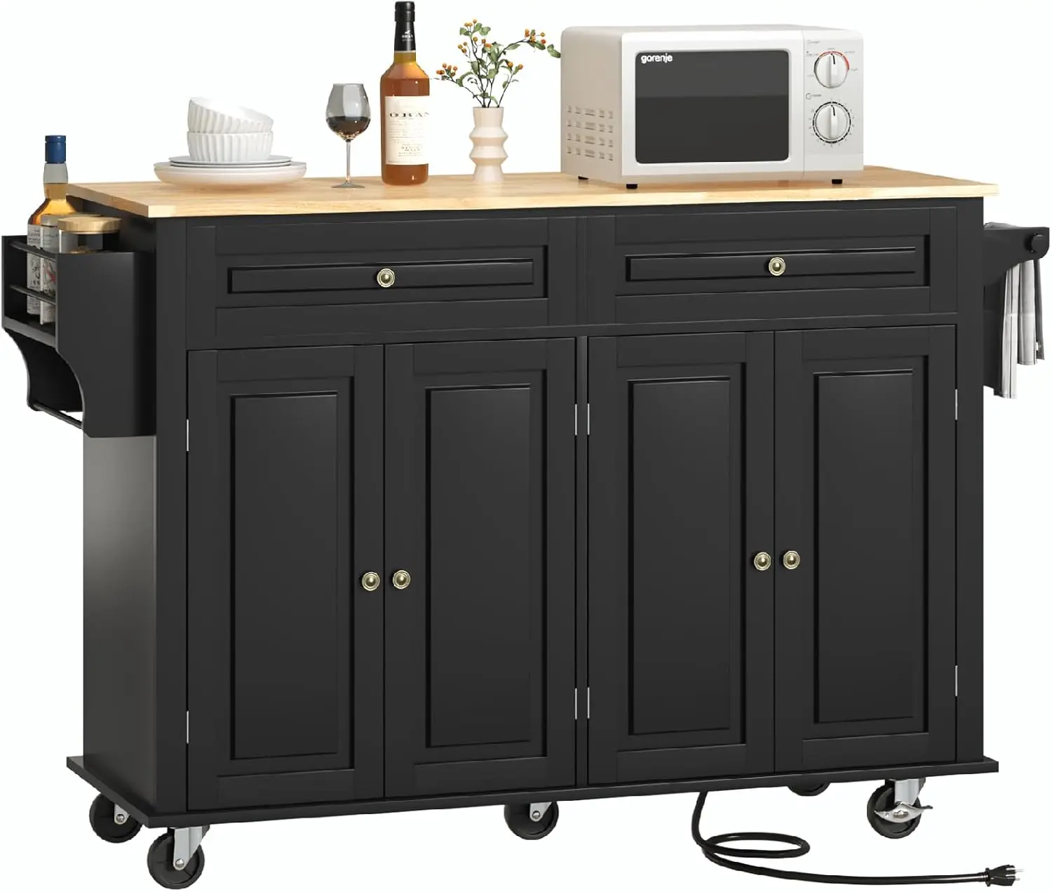 

55" Movable Kitchen Island with Drop Leaf and Power Outlet, Rolling Cart with Storage Cabinet, Garage Hook, Black