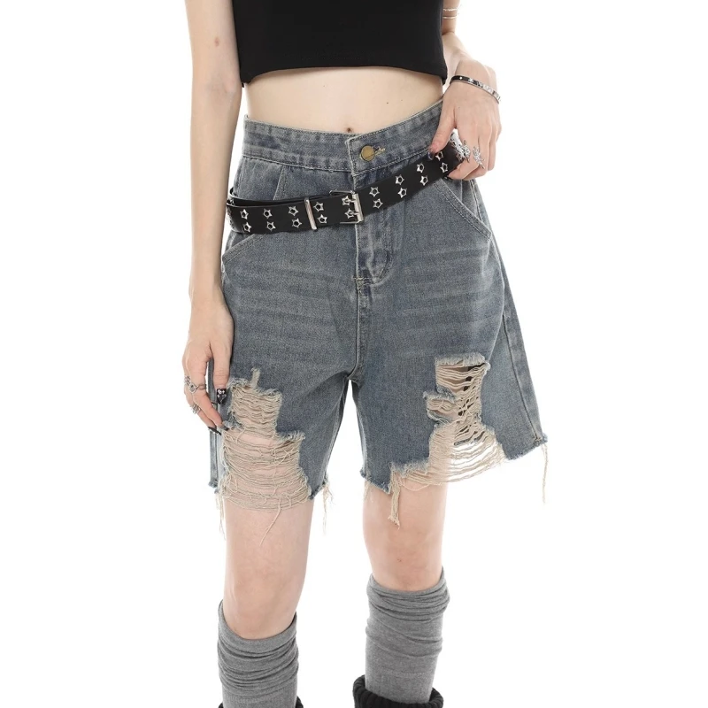 

Women's Short Blue Summer High Waist Jeans Y2K Baggy Straight Worn-Out Trousers Streetwear 2023 Vintage Wide Leg Short Pants