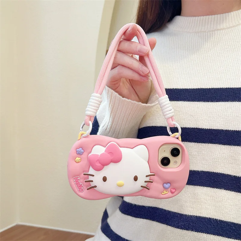 Kawaii HelloKitty جراب هاتف مع حامل آيفون 17 16 15 14 11 13 12 برو ماكس الكرتون السائل سيليكون غطاء ناعم مقاوم للصدمات