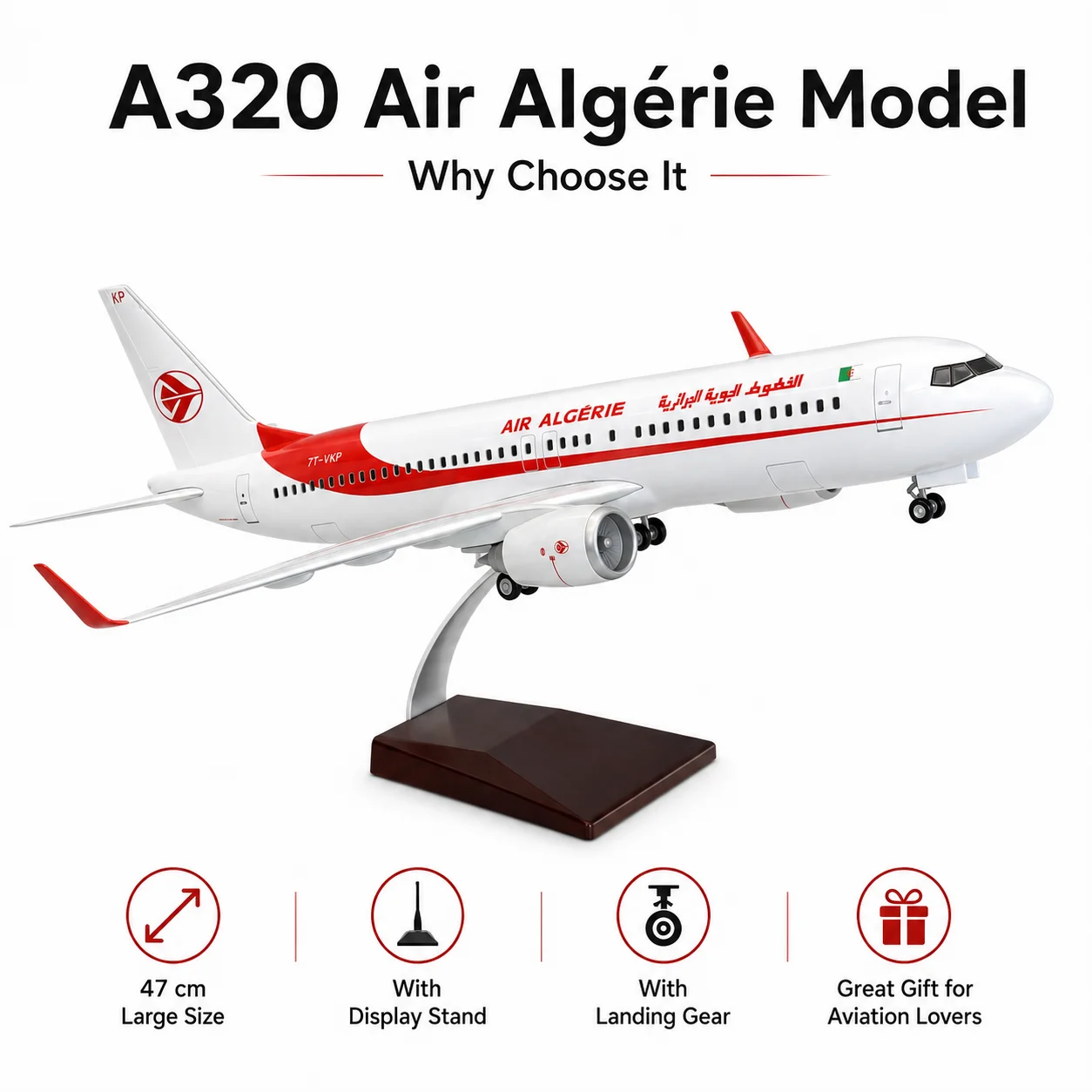 Algeria Airlines A320 Model 47cm 1/80 Scale Realistic Static Display Aircraft Model with Stand And Wheels