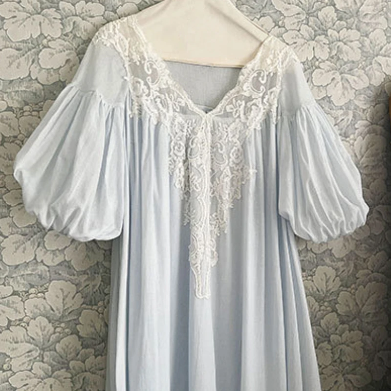 Victorian Cotton Night Dress Women Summer Fairy White Blue Sexy Lace Long Peignoir Princess Sleepwear Nightie Vintage Nightgown