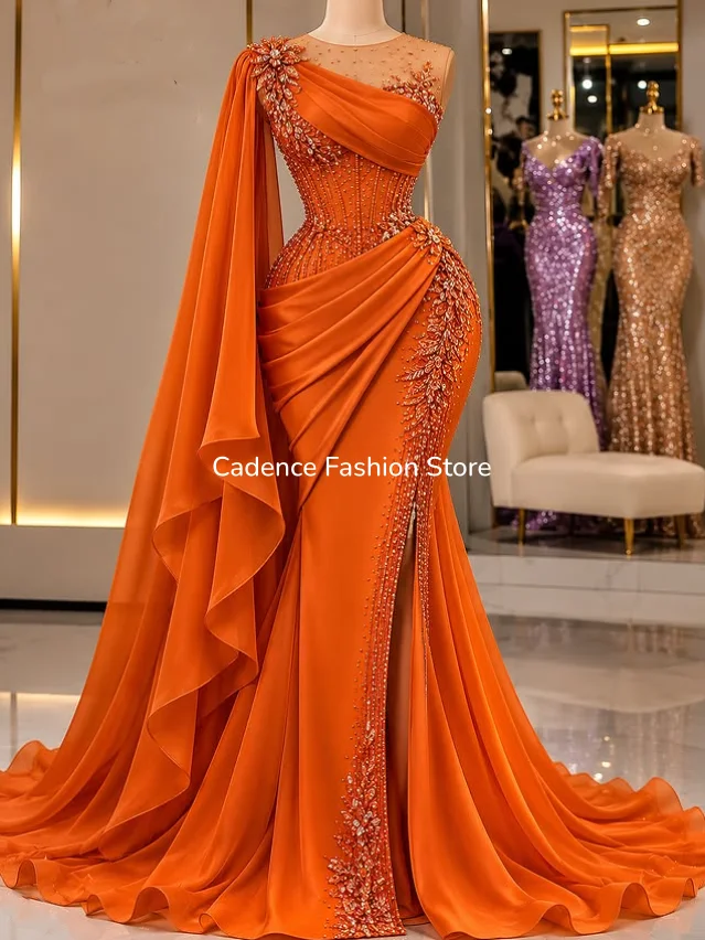 Orange Arabic Mermaid Prom Gown One Shoulder Draped Cape Rhinestone Beading High Slit Evening Dress Customized vestidos mujer