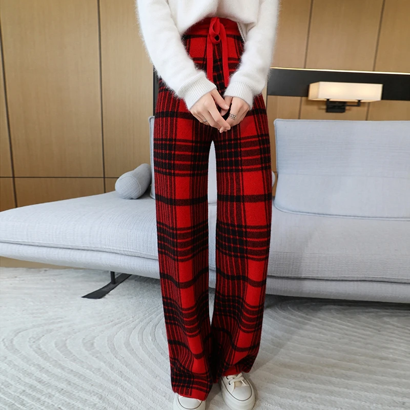 Christmas Red Knitted Wide-Leg Pants Pure Cashmere Women's High-Waist Drape Autumn/Winter Thick Vintage Plaid Straight-Leg Casua