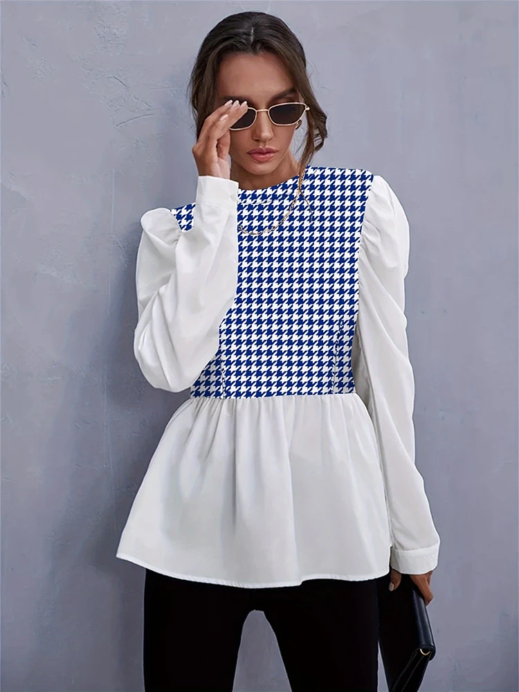 Women Elegant Houndstooth Shirt Fashion Ruffle Stitching Fluffy Long Sleeve Top Casual Chic Ladies Blouse Office White Shirts