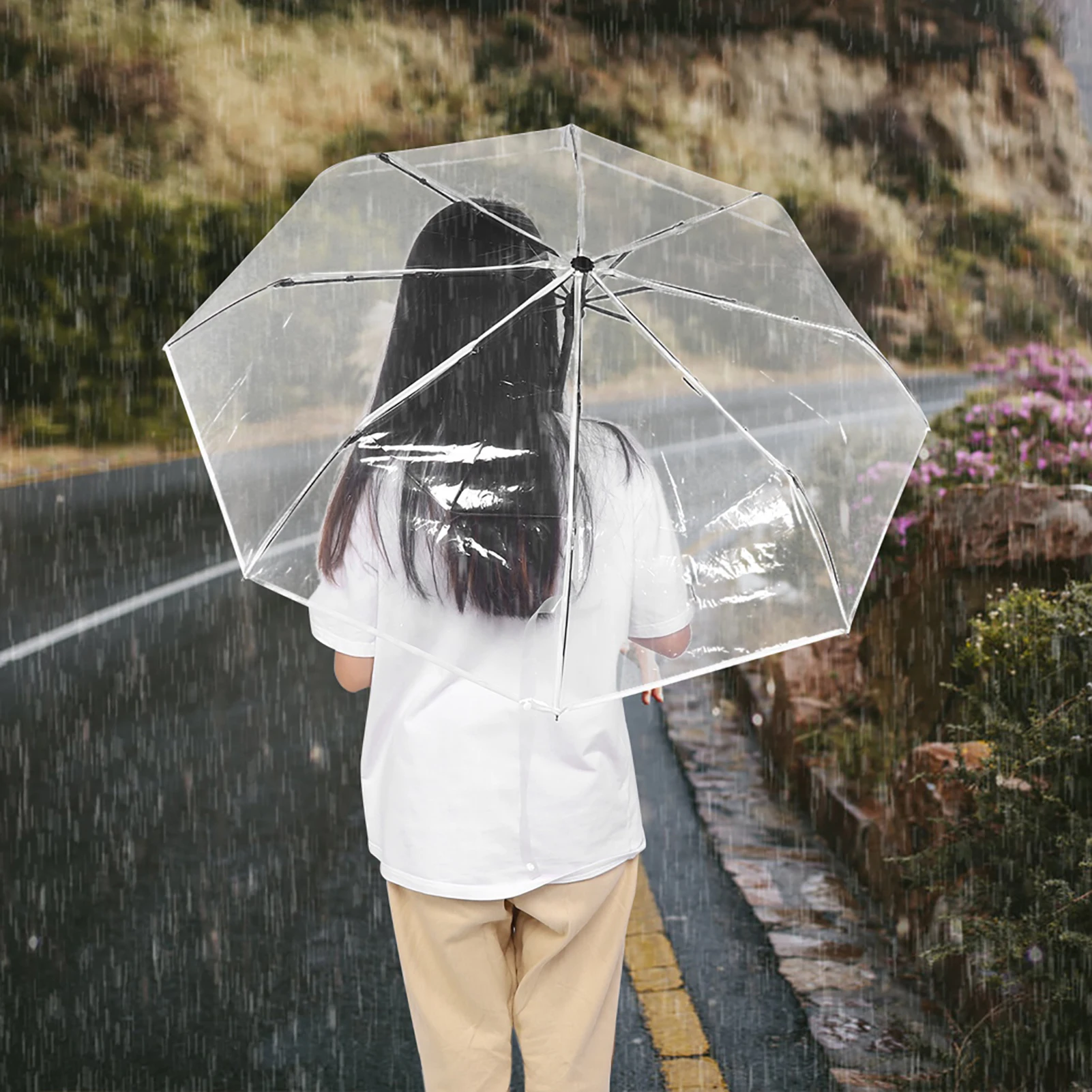 【Neu】Tragbarer, modischer, transparenter, automatischer, dreifach faltbarer Regenschirm für den Außenbereich