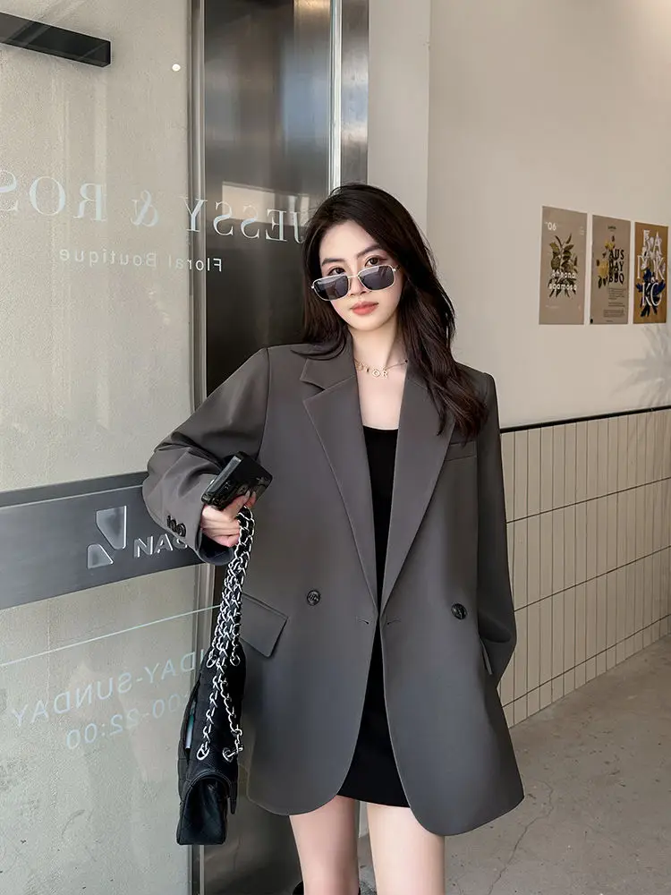 High-End Slit Gray Blazer Women\'s Petite 2024 Spring New Design Unique Jacket Sweet Female Office Lady Top Fashion High Quality