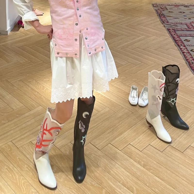 

Patchwork Mesh Shafts Knee High Boots Star Pattern Detail Back Zip Summer Breath Round Toe Stiletto Heels Boots Women