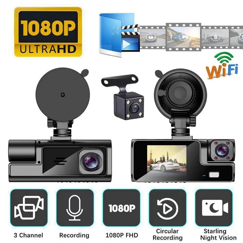 Driving Recorder HD 1080P 2 Inches Screen 3 Way With Wifi 3 Lens Parking Monitoring With Night Vision Car DVR Recorder Durable