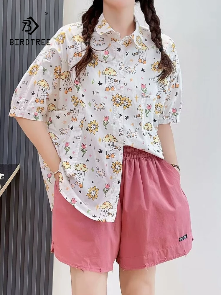 

New Summer Cotton Casual Short Sleeve Shirt Women Lapel Printed Top Girl Loose Sweet Funny Commute Blouse 2024 Autumn T45037QC