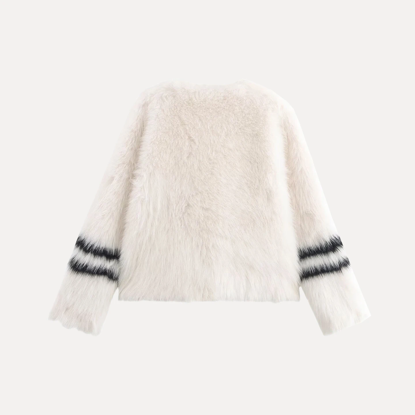 เสื้อโค้ทผู้หญิงลายทาง แขนยาว คอวี แฟชั่น ฤดูใบไม้ร่วง 2025 รุ่นพรีเมียม แต่งขนที่ปลายแขน