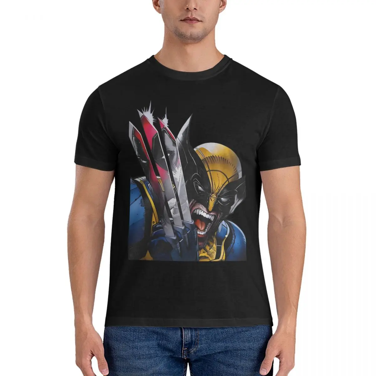 Funny Reflection In Wolverine's Claws T-Shirts Men Crew Neck Cotton T Shirt Marvel Deadpool & Wolverine Short Sleeve Tees