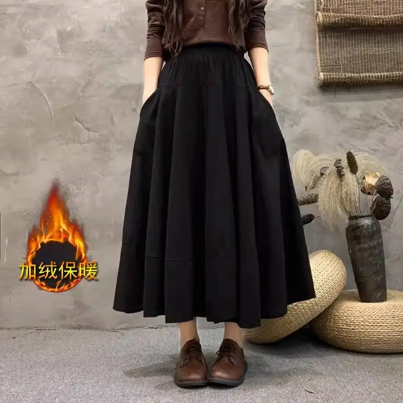 Autumn And Winter Fleece Women's Long Skirt Cotton Linen Floral Art Retro Versatile Style Thickened Skirt Mujer Faldas z5012