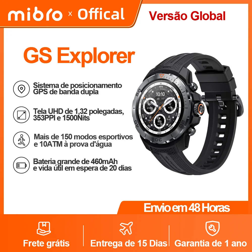 Mibro GS Explorer Smartwatch Rugged Military Grade 1.32Inch UHD Tela Altímetro Barômetro Compass GPS Posicionamento 10ATM Impermeável Longo Standby 150 Modos Esportivos Relógio Inteligente para Homens