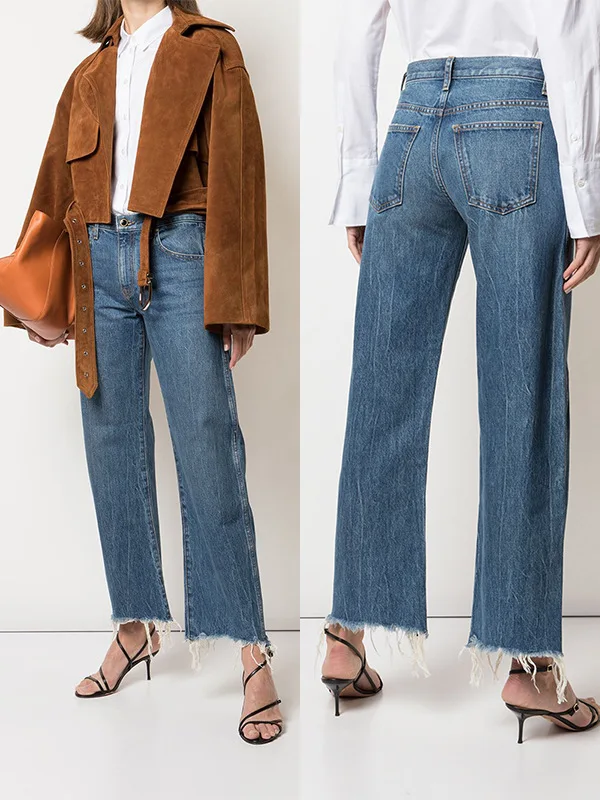 Maxdutti Minimalist French High Waisted Breathable Soft Fringed Straight Leg Denim Pants Tie Washing Blue Cropped Jeans Woman