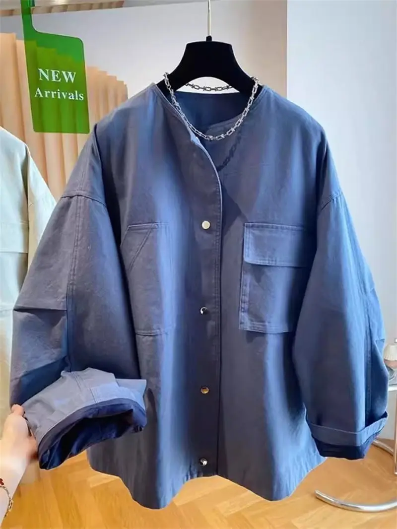 2025 New Women's Workwear Windbreaker Jacket Loose Fit Collarless Oversized Spring Coat Lightweight Stylish Top Outerwear G492