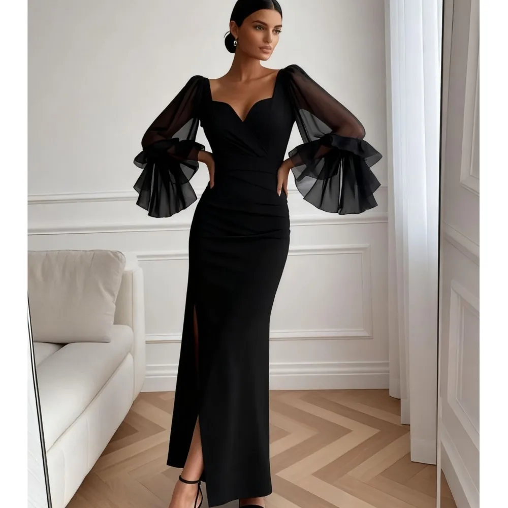 Fashion Chiffon Trumpet Long Sleeve Splicing Women's Black Dress Spring New Slim Sexy Deep V-neck Slit Elegant Female PartyDress - view 2