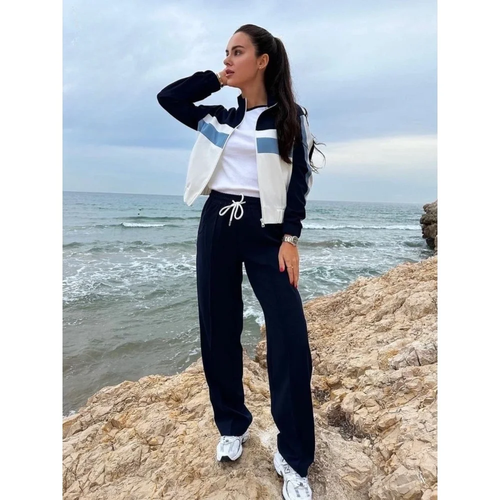 Women Fashion Autumn New ProductStripe Long Sleeve Zip Bomber Jacket Chic Female High Waist Jogging Pants Two-piece Set