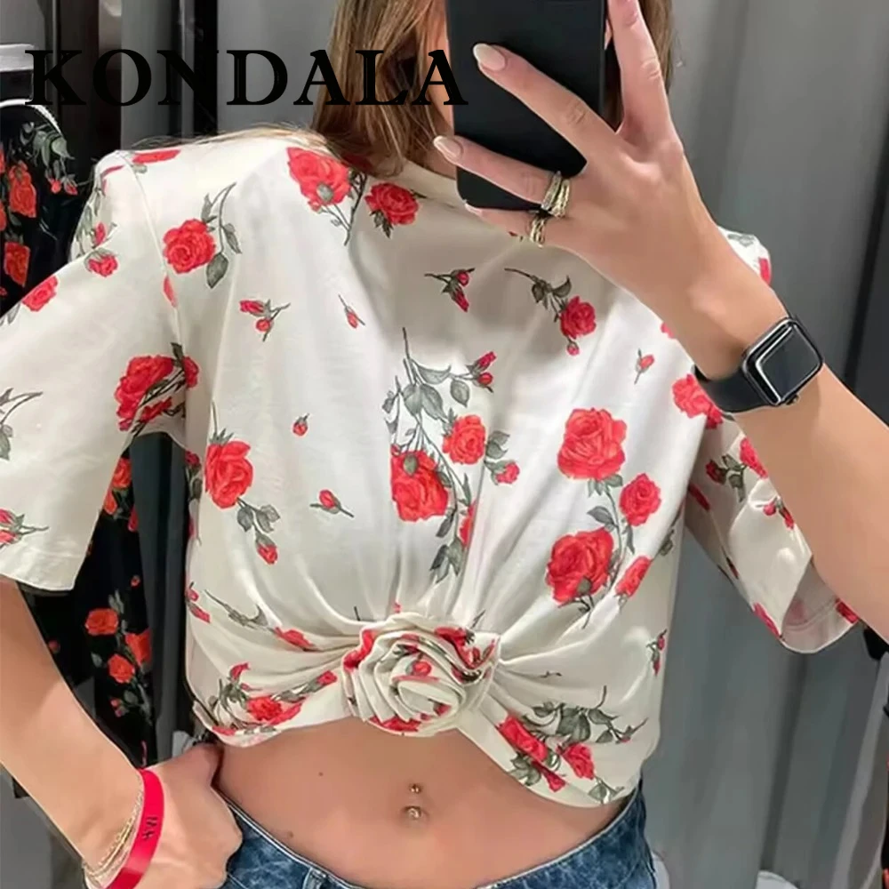 

KONDALA шикарная повседневная розовая женская футболка с круглым вырезом, модная летняя футболка 2025 года с короткими рукавами и подплечниками, уличная одежда Mujer, короткие топы