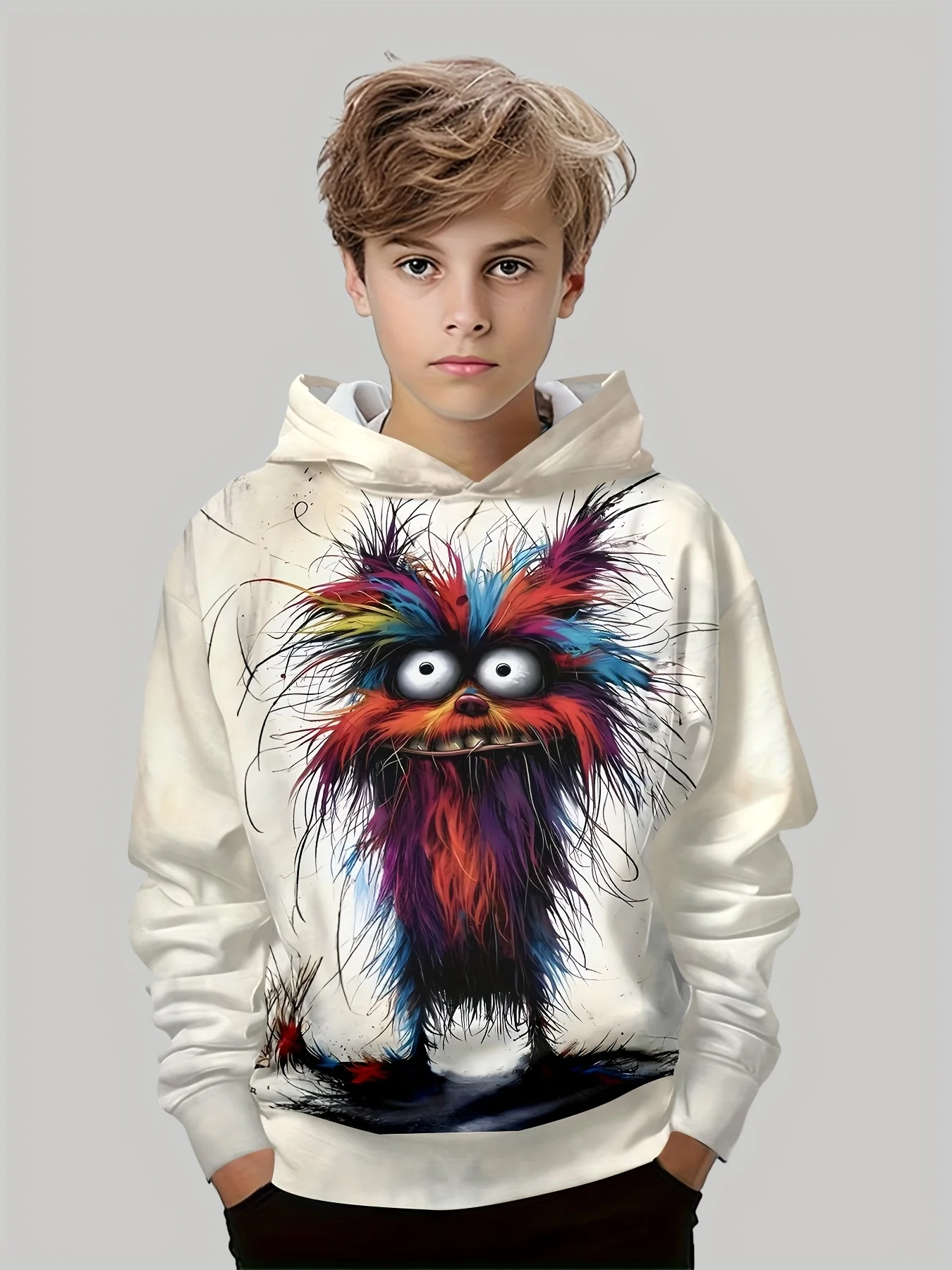 

Boys' Colorful Long Haired Monster 3Dprinted Hoodiefashionable and Casual Loose Fit Autumn and Winter Outdoor Play Warm Pullover
