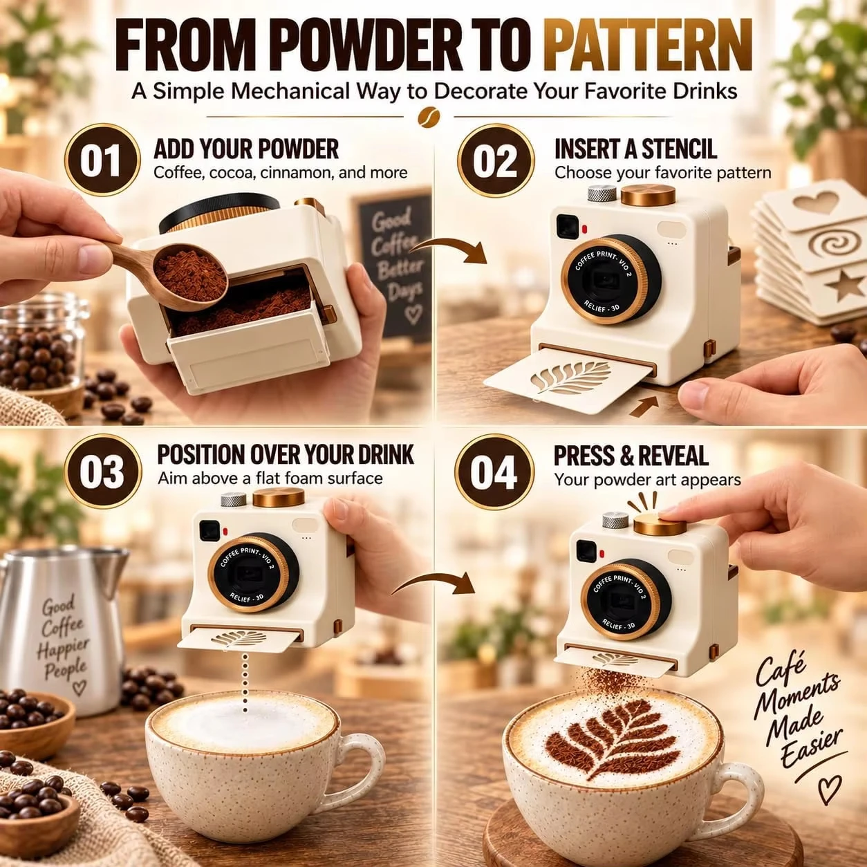 New Funny Coffee Latte Camera Art Tool 3D Printed One-Touch 8 Pattern Stencils Cappuccino Espresso PLA Vintage Camera Shape Gift