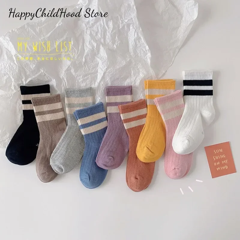 1 Pair Calf Sock for Children Boy Girl Socks Spring Autumn Cotton Socks Solid Color Striped Calf Sock for 3-11 Years Baby Stuff