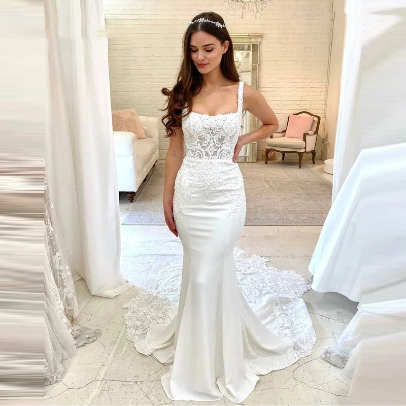 인어 웨딩 드레스 화이트 스퀘어 칼라 레이스 아플리케 새틴 로브 드 마리에 우아한 신부 가운 맞춤 제작