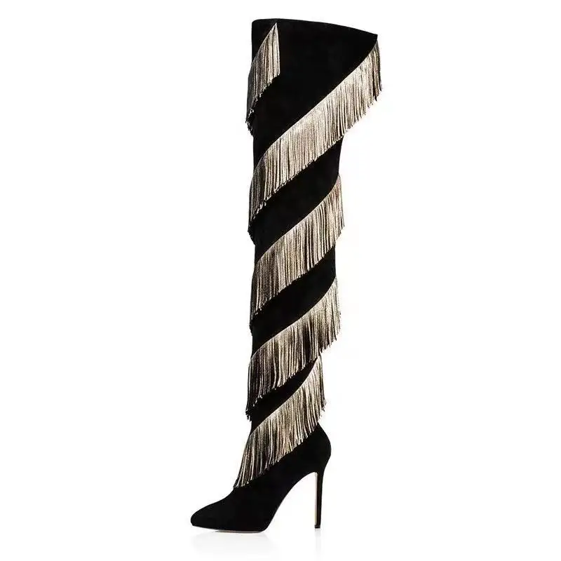 XINZI RAIN   Design Women Boot Black Suede Tassel Plus Size 9cm Stiletto High Heel Women Over Knee Boot