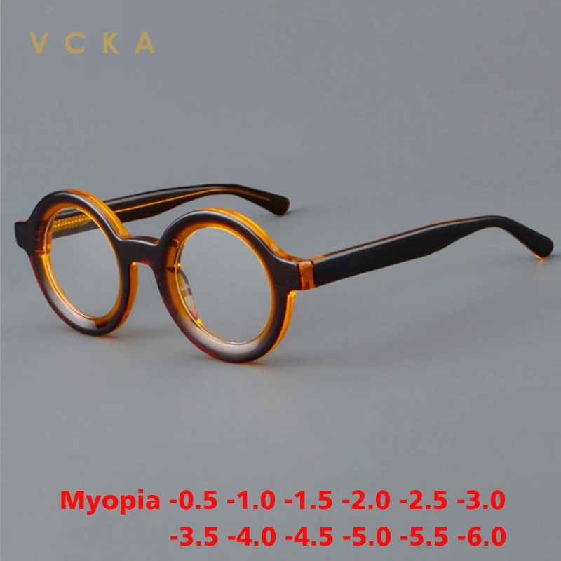 VCKA-Armação de óculos de acetato miopia para homens e mulheres, alta qualidade, dobradiça de primavera, óculos redondos ópticos, prescrição personalizada-0,50 a-6,0