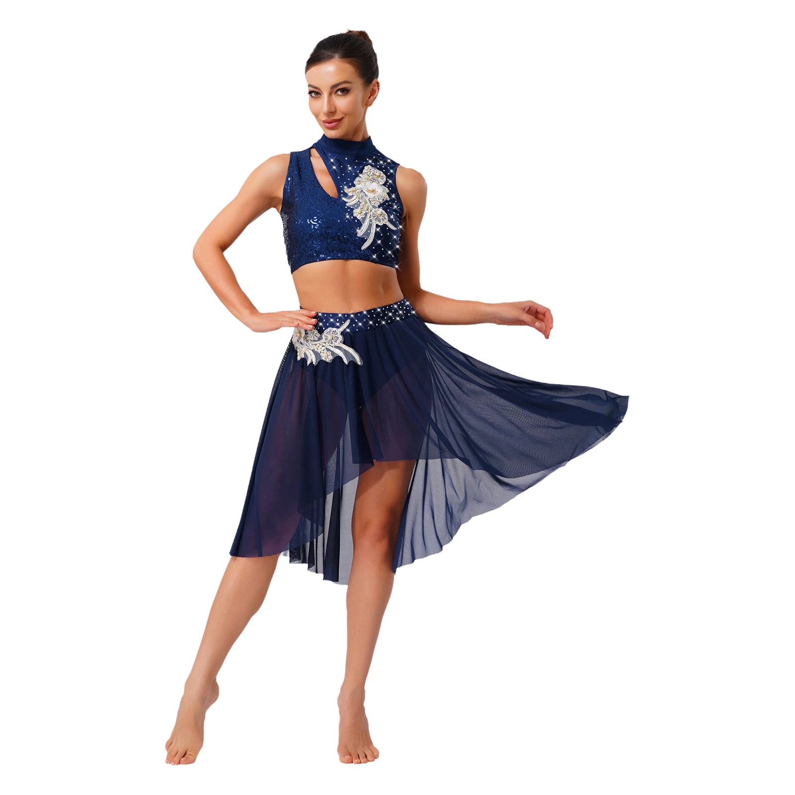 Tenue de danse moderne lyrique pour femmes, vêtements de danse de gymnastique, Jazz, haut court à manches irrégulières et jupe, Costume de danseuse en strass