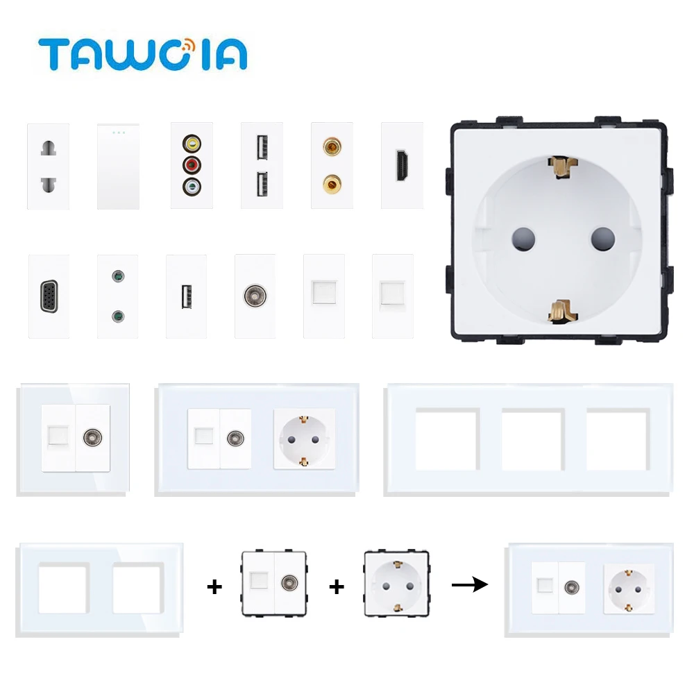 TAWOIA White DIY TV Satellite USB Phone Charge Type-C Socket PC RJ45 Jack CAT6 TEL HDMI VGA auricolare presa a 2pin 1Gang Switch