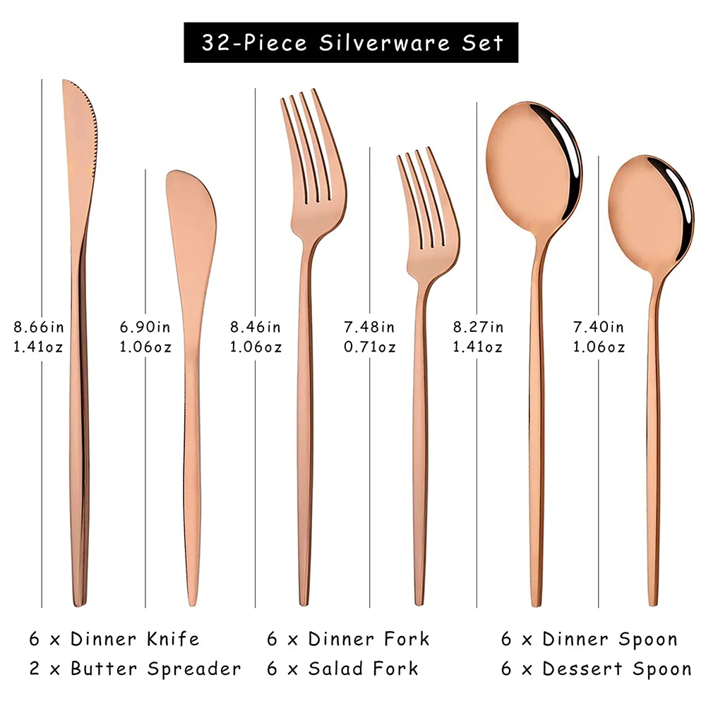 32Pcs Mirror Rose Cutlery Set Stainless Steel Dinnerware Set Gold Tableware Flatware Set Dinner Knife Fork Spoon Butter Knife