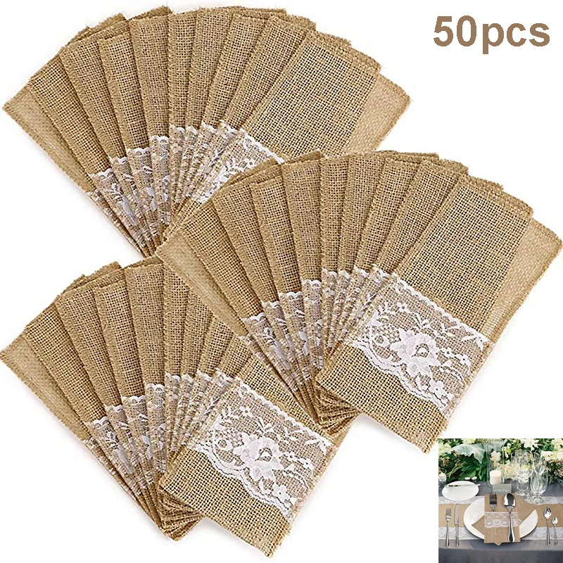 10/50pcs Burlap Lace Cutlery Pouch Silverware Holder Bags Hessian Rustic Jute Wedding Table Decorations Party Tableware Supplies