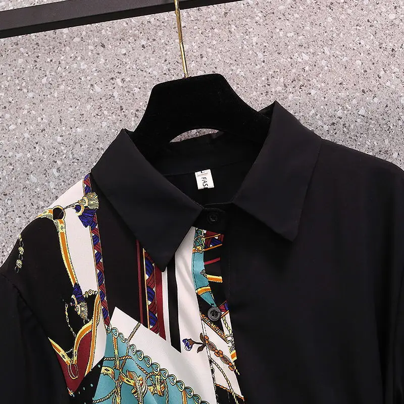Asymmetrical Print Turn-down Collar Fashion Short Sleeve A-line Skirt Young Style Summer New Belt Empire Women\'s Clothing 2022