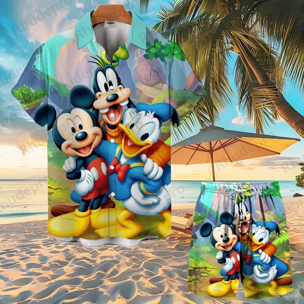 

Disney 3d Printed Mickey Mouse Cartoon Hawaiian Shirts Suit Men's And Women's Fashion Button Short Sleeve Short Suit Beach Set