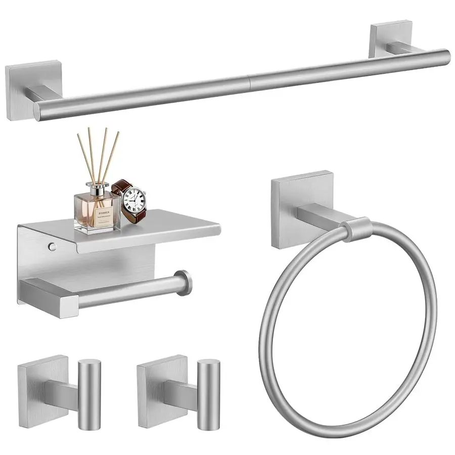 

5Pieces Brushed Nickel Bathroom Hardware Set 23.6 Inch SUS304 Stainless Steel Towel Bar Set Wall Mounted Square Toilet Paper Hol