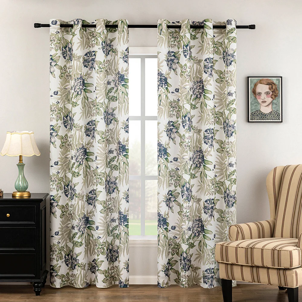 

2PC Retro American Pastoral Lily Leaf Printed Curtain Imitation Linen Semi-Blackout Curtains for Living Room Dining Room Bedroom