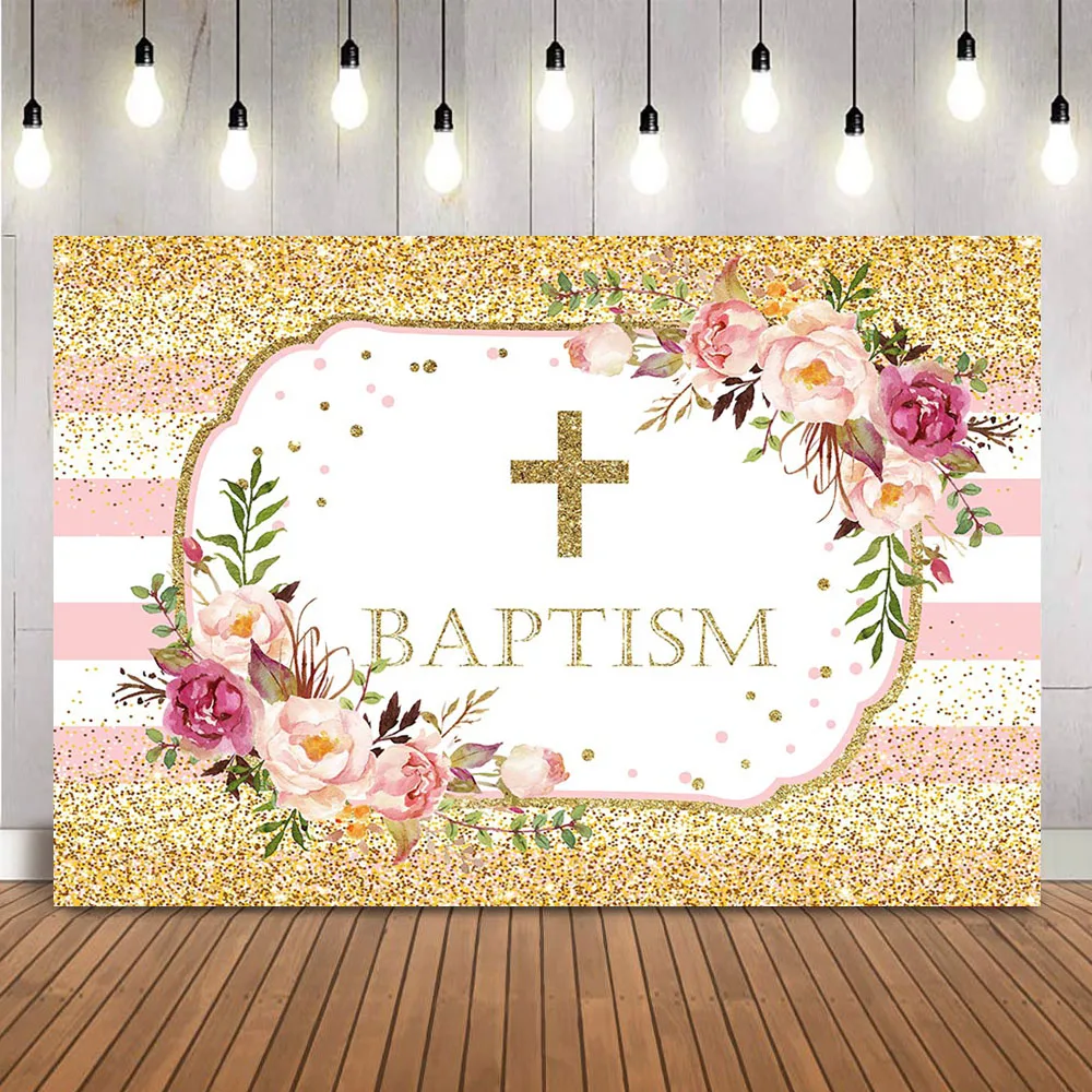 Baptism Baby Shower Backdrop Gold Glitter Dots Floral Background for picture photoshoot God Bless Photo Booth Background Studio