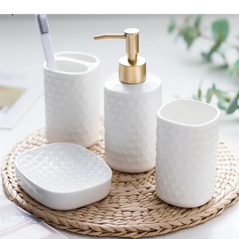 

Pure White Four Piece Set Ceramics Home Liquid Soap Dispenser Toothbrush Holder Tooth Mug Dish Bathroom Toiletry