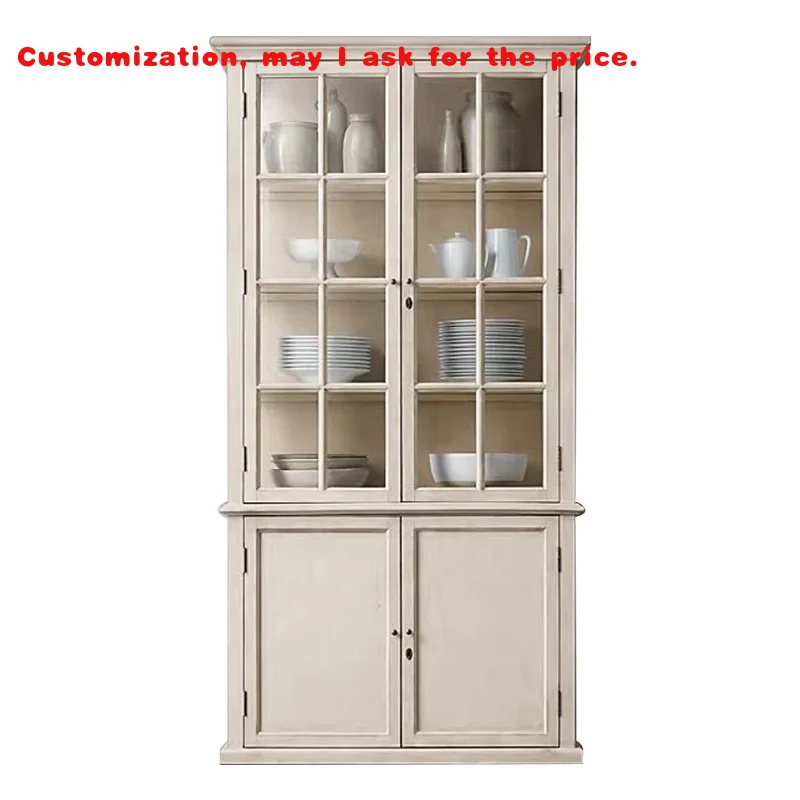 custom.American Solid Wood Side Cabinet Glass Door Wine Cabinet Display Cabinet Oak Vintage Bookcase Against Wall Locker
