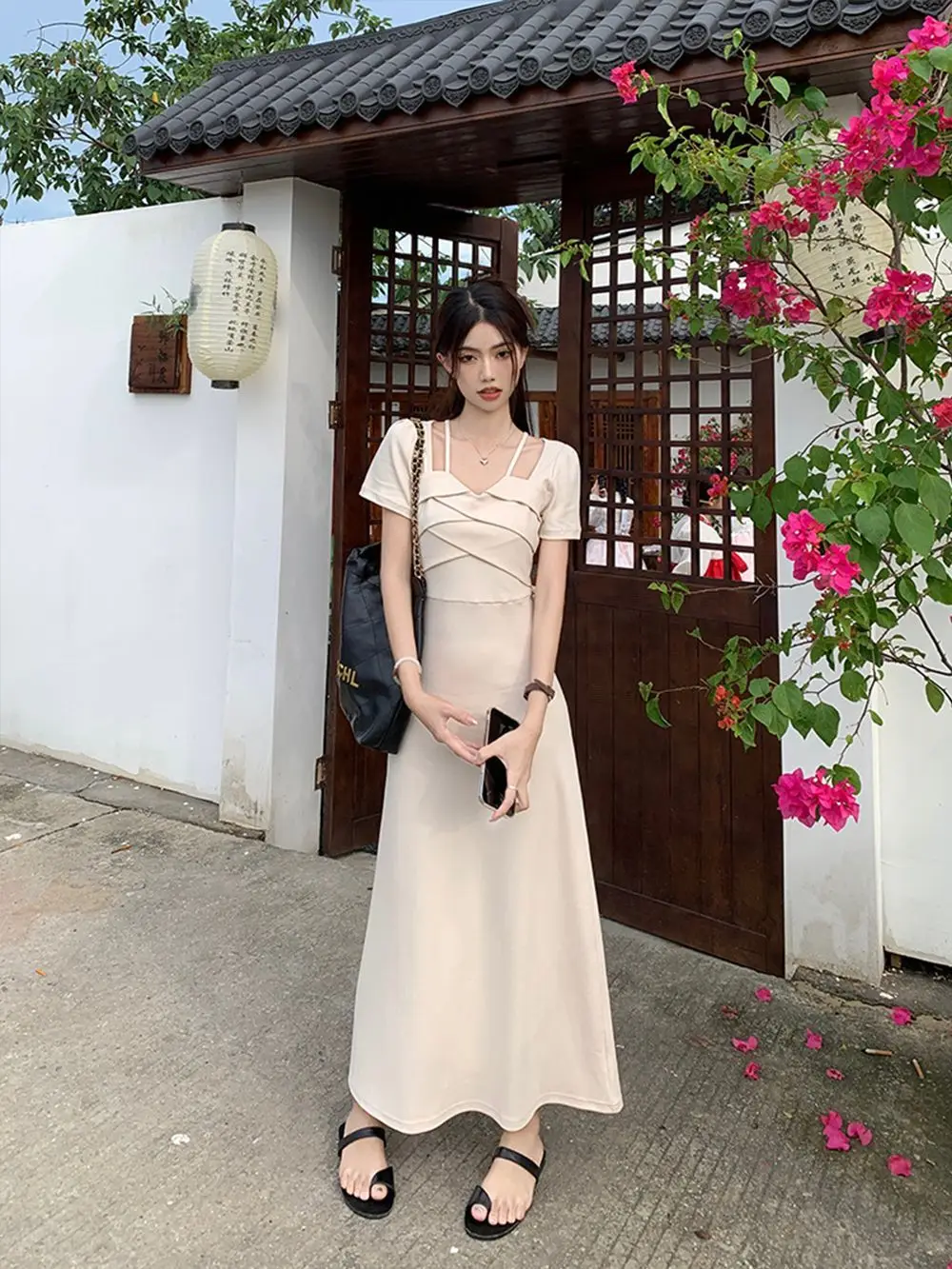 Dress The Waist Solid Slimming Temperament 2024 Summer New Elegant Women Short Sleeve Dress Thin Long Dresses Women