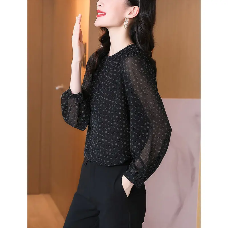 2023 New Spring Autumn Fashion Letter Printing O-neck Long Sleeve Blouse Ladies Office Lady Loose Pullover Oversized Shirts Tops