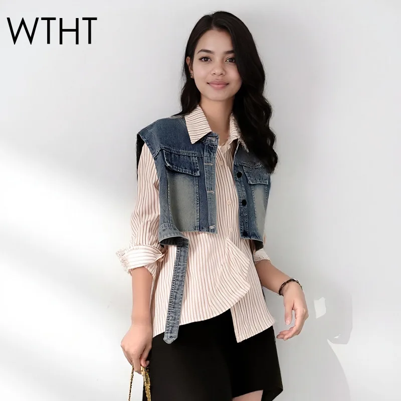 

WTHT Fashion Women's Spliced Denim Shawl Striped Shirt 2025 Autumn Trendy Lapel Long Sleeve Loose Blouse Female 1LS2317