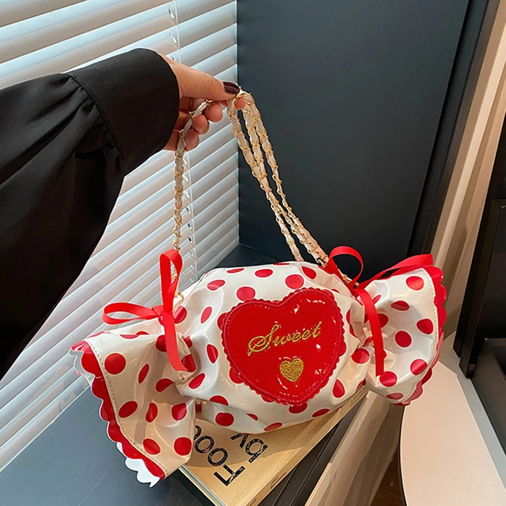 

Cute Dot Candy Design Shoulder Bag Lolita Love Heart Pu Leather Shoulder Bag Storage Pouch Sweet Sugar Shaped Chain Bag
