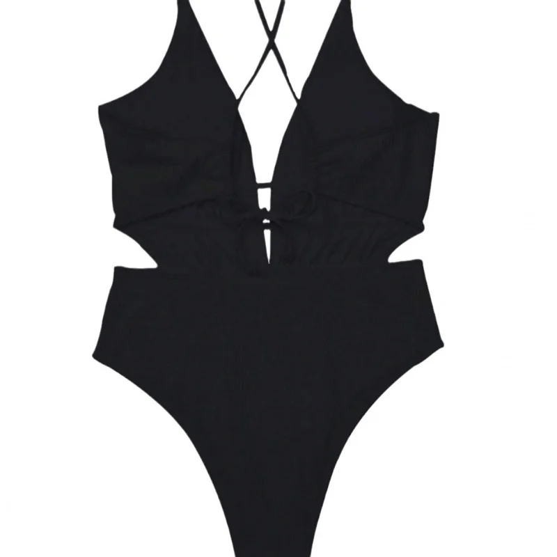 2024New One-Piece Swimsuit Women's High-Grade Hot Spring Solid Color Sexy Backless Lace up Swimsuit in Stock