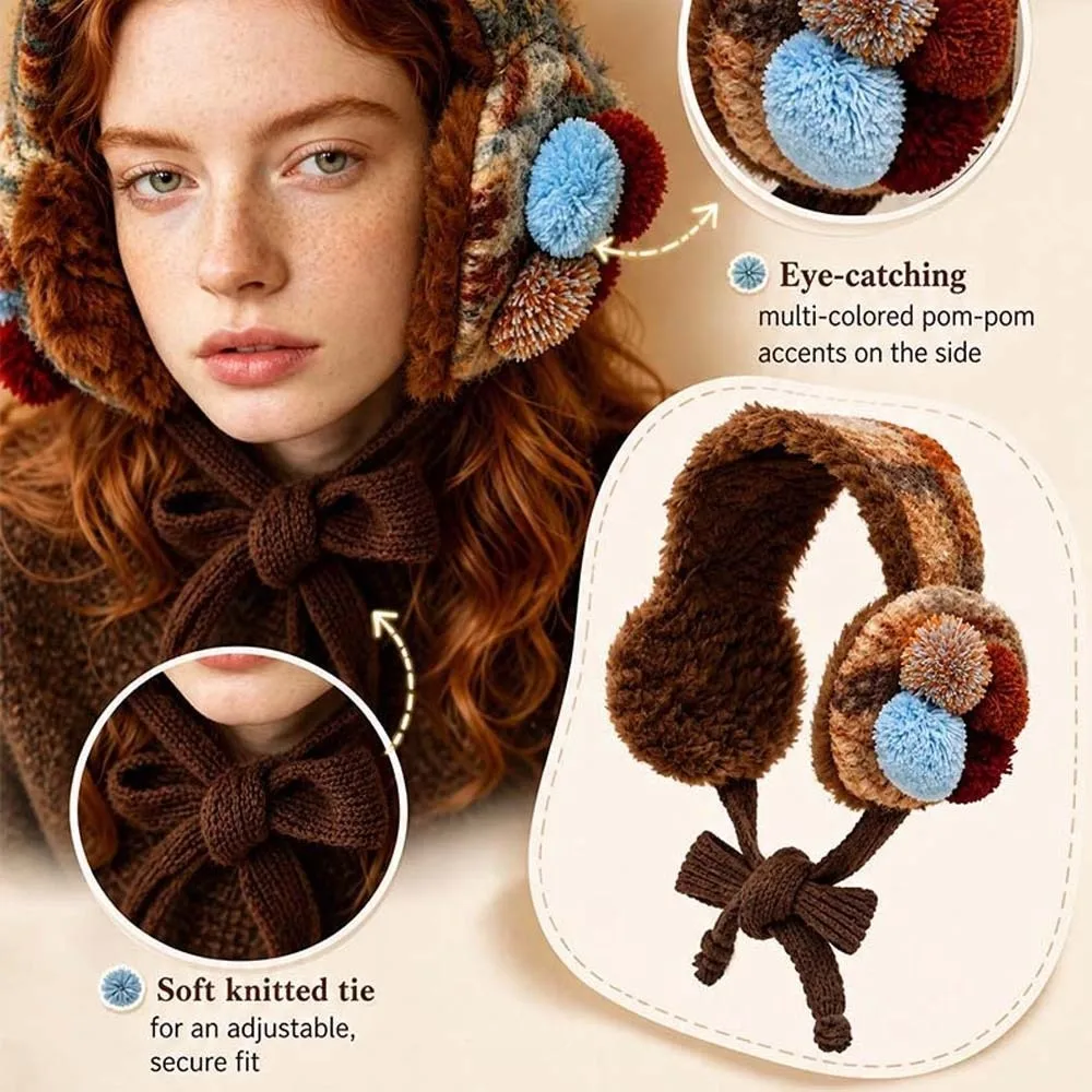 Brown Retro Knit Earmuffs Thickened Soft Vintage Pom Earmuff Comfortable Lightweight Tie Up Ear Covers Travel