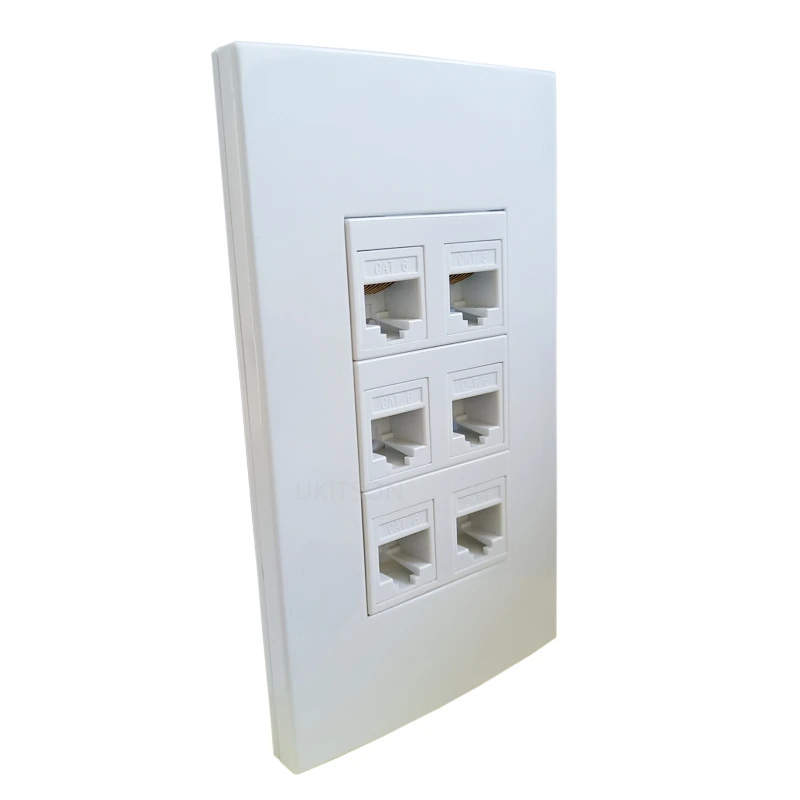 6 Port Cat6 Keystone Jack Ethernet Wall Plate US Decorative Faceplate Pass Through CAT.6 LAN Network Panel Plug In White