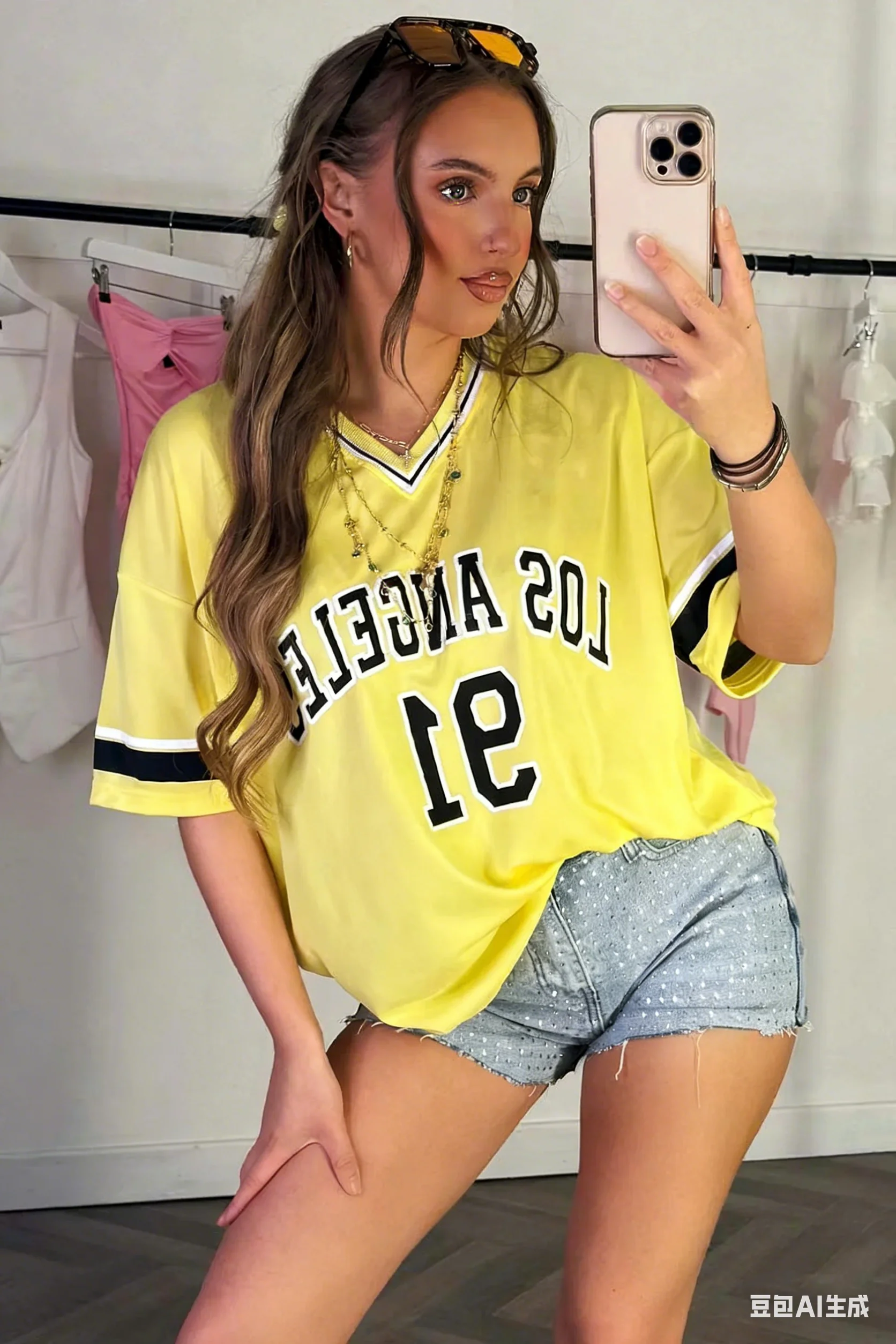 Summer Women's Los Angeles No.91 Sportswear Jersey T-shirt V-neck Loose Fashion Street Wear Short Sleeve Leisure Vacation Top
