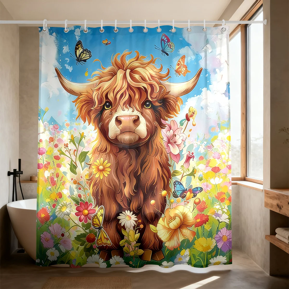 Cheerful Spring Garden Scene Fluffy Highland Calf Surrounded By Vibrant Blossoms & Flying  Under Sunny Blue Sky Bath curtain